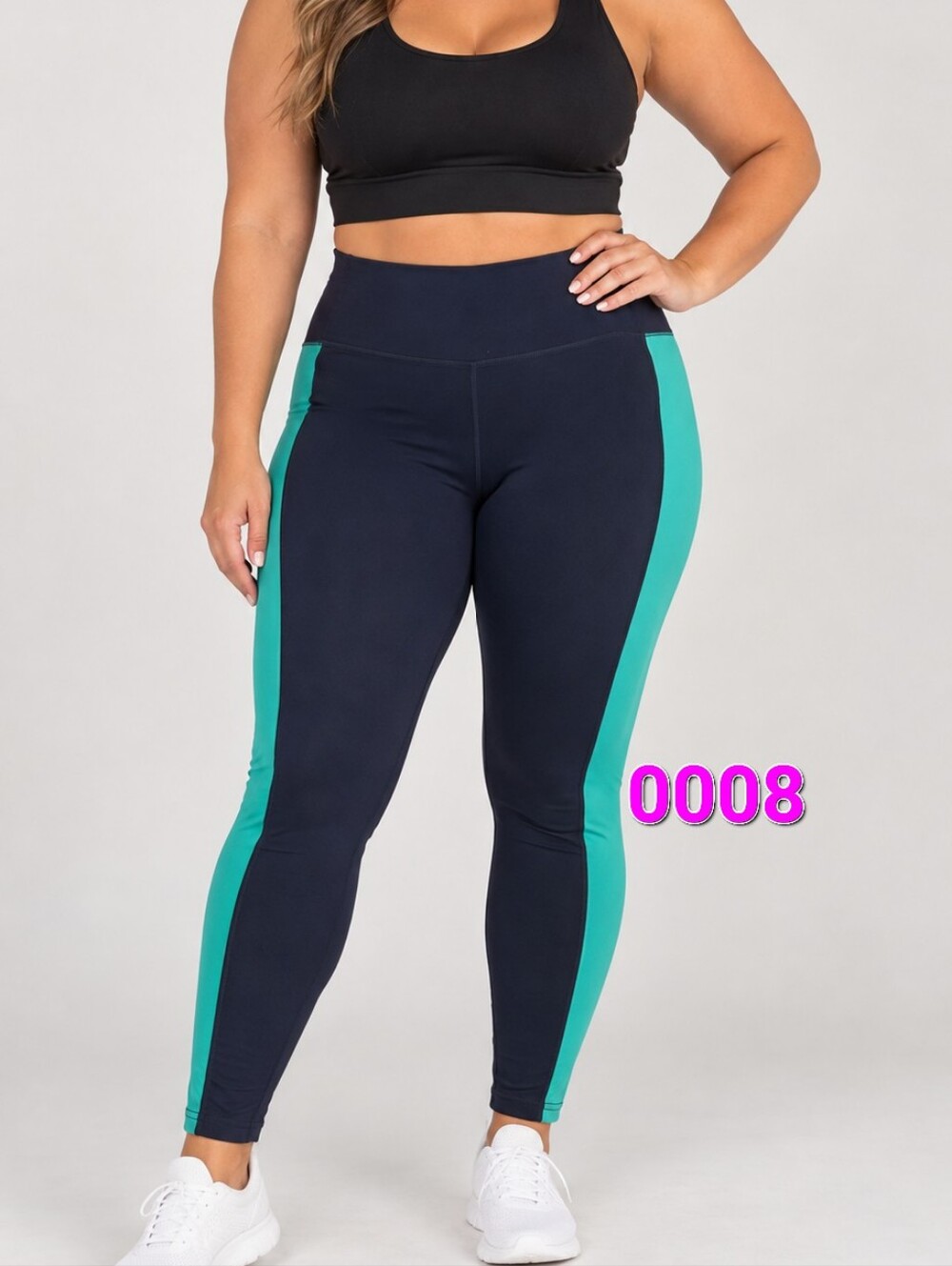 Navy High-Waist Active Leggings with Teal Side Panels- Large